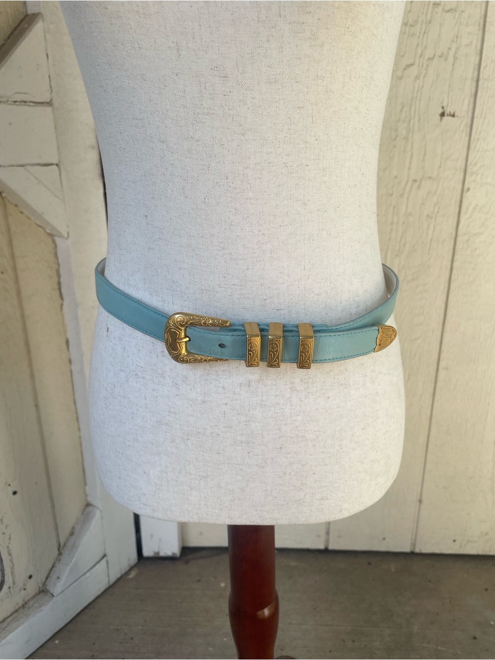 Escada Light Blue Leather Belt with Gold Decorative Buckle
